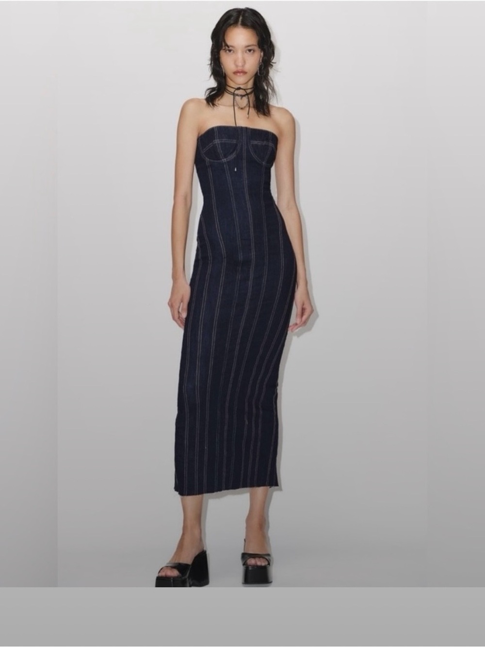 Zara Strapless Navy Pinstripe Midi Column Dress